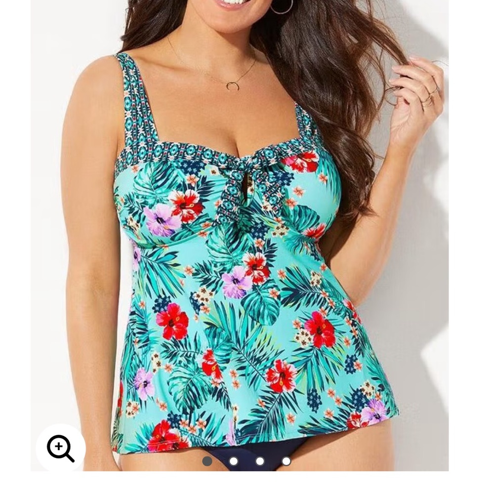 Swimsuits For All Aqua Floral Tankini Top with Red and Pink Flowers